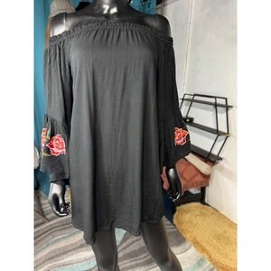 Feathers Black Off Shoulder Embroidered Rose Bell Sleeve Dress Size S